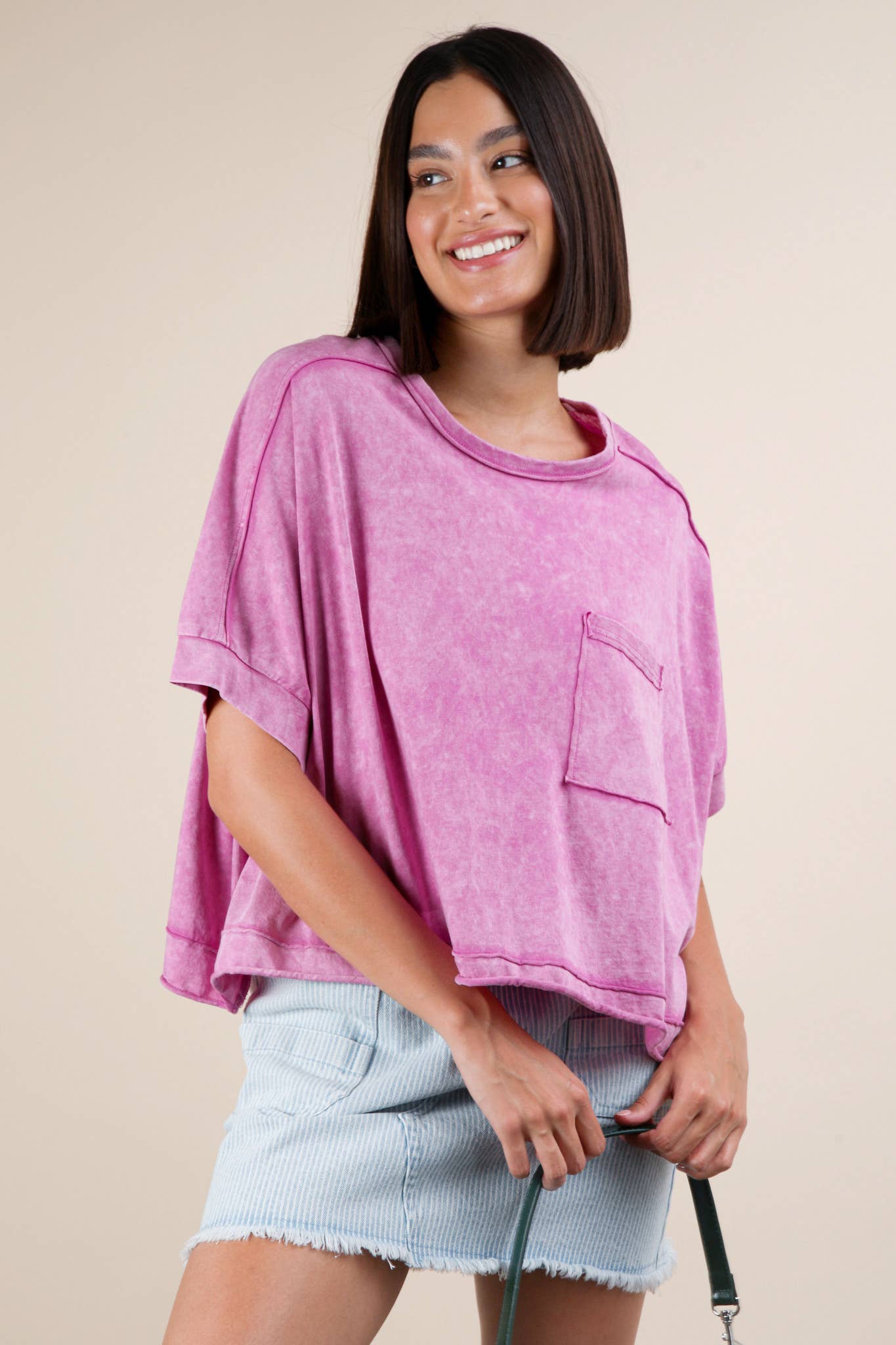 Mineral Washed Oversized Crop Comfy Knit Top Pink