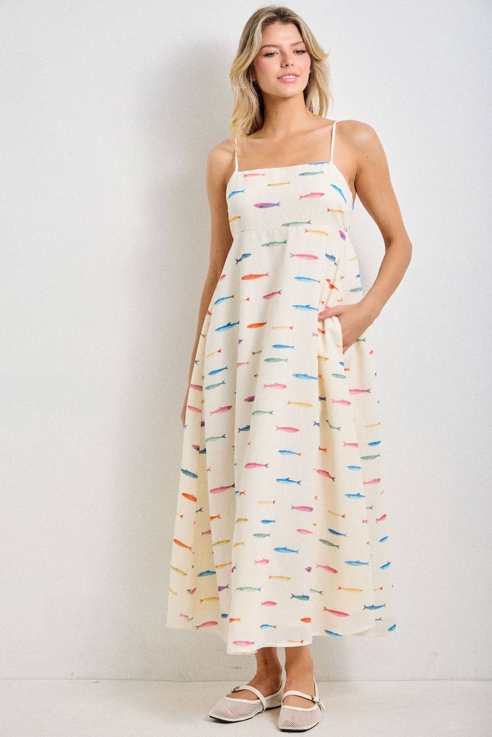 Baevely Cream Fish Print Midi Dress