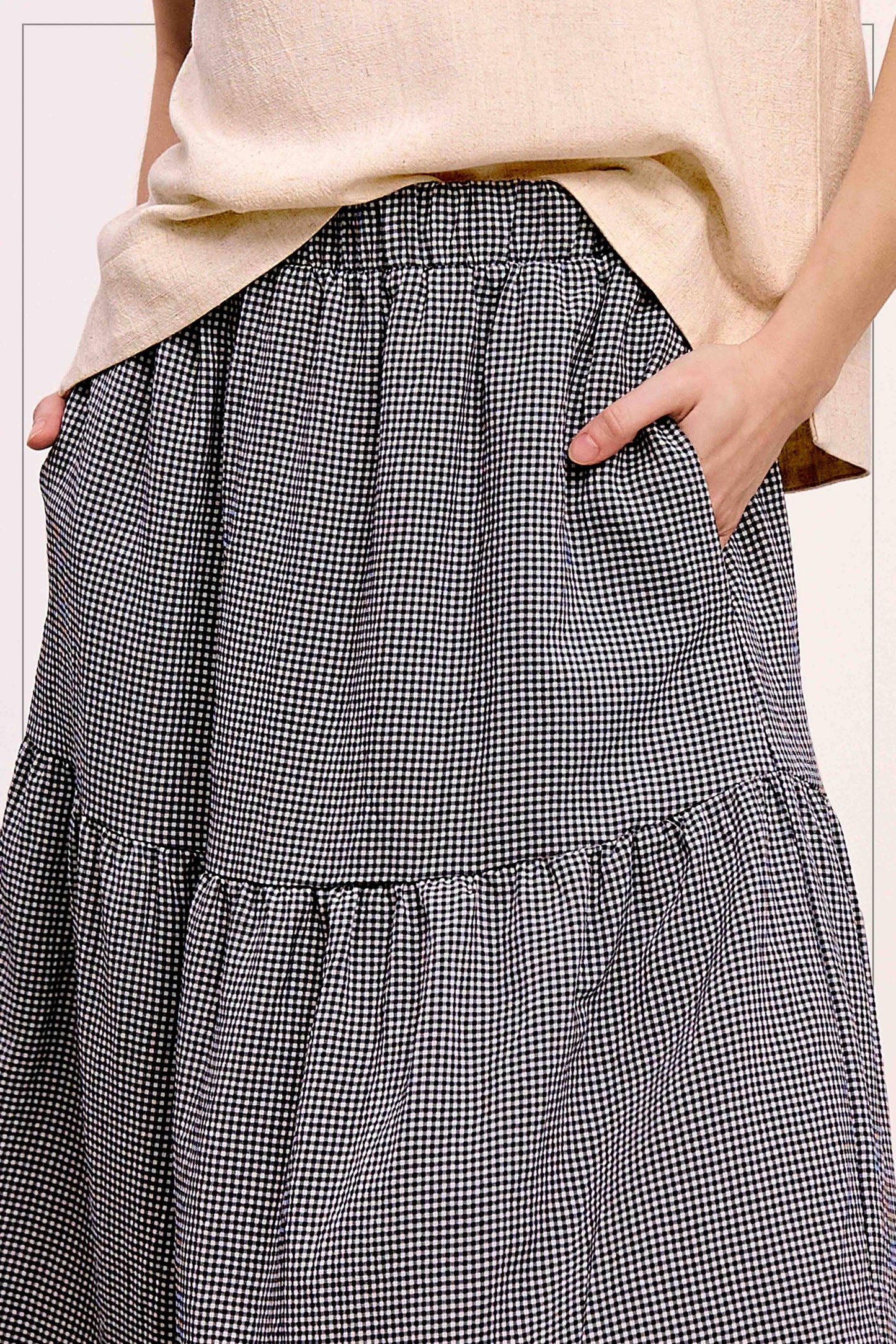 La Miel Gingham Tiered Maxi Skirt With Side Pockets