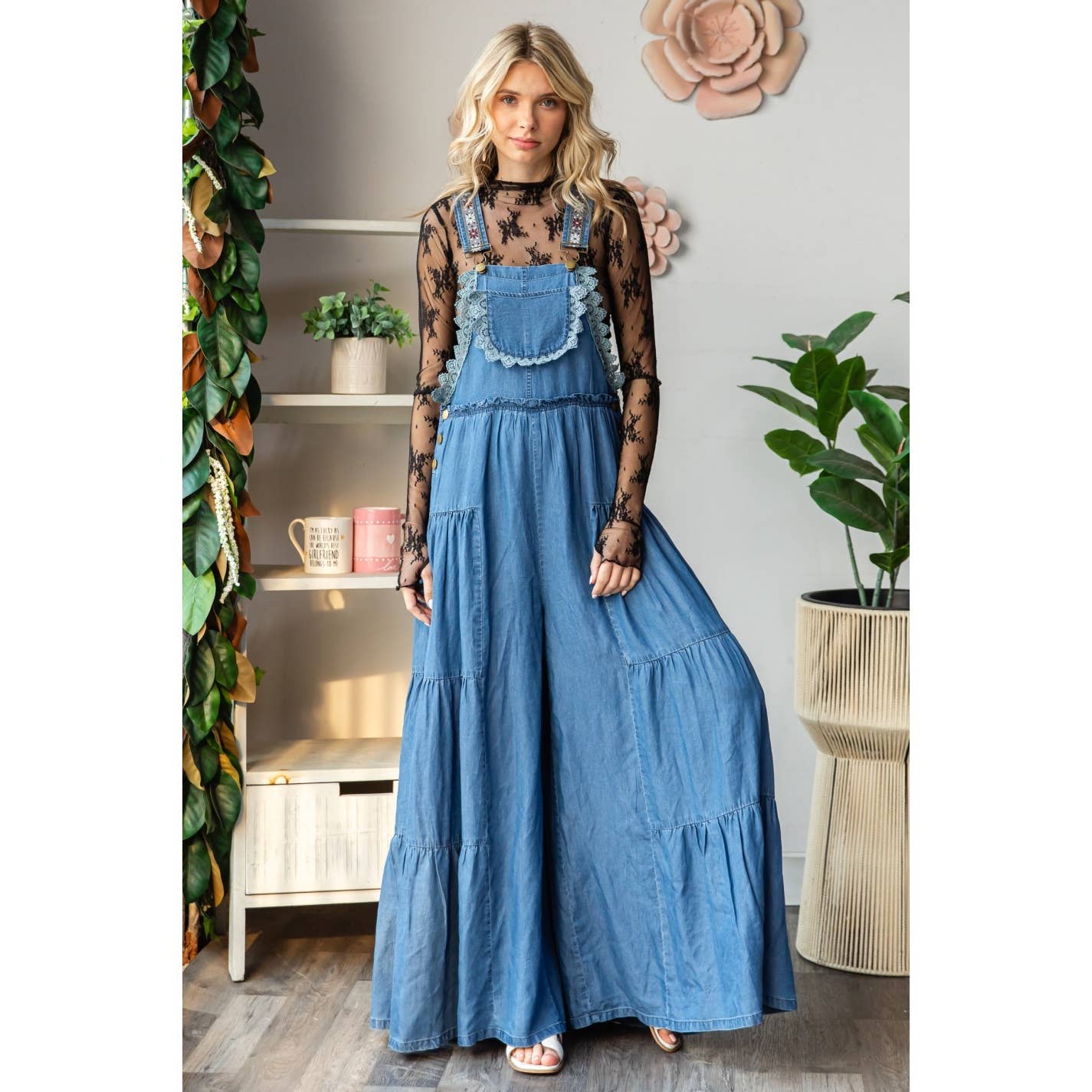 Embroidered Tencel Strap Flowy Jumpsuit