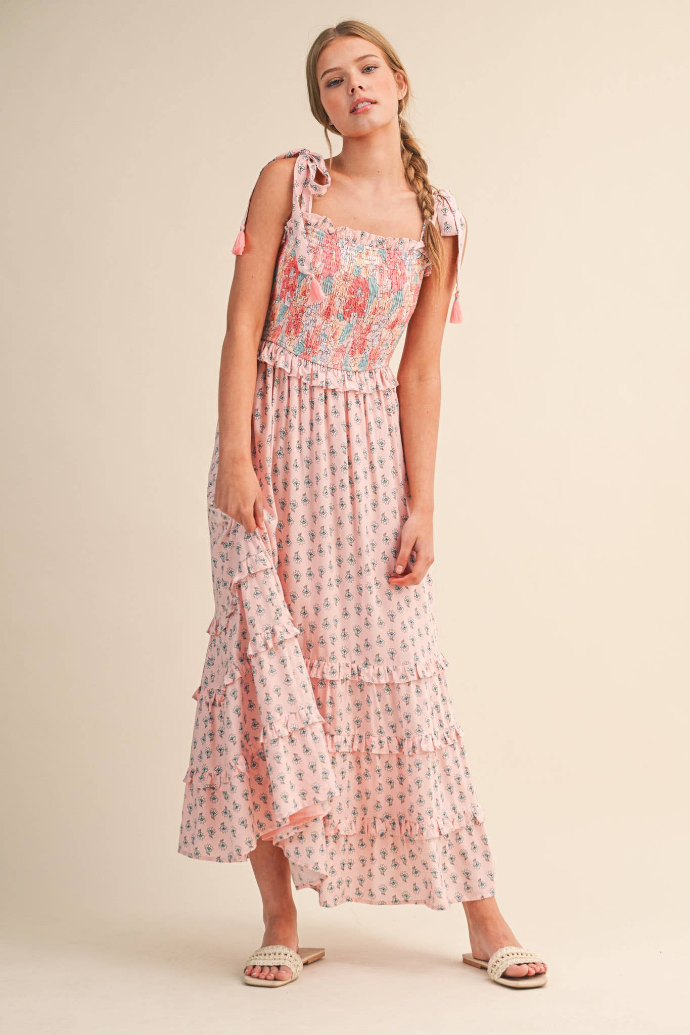 &Merci Pink/Peach Floral Print Smocked Midi Dress