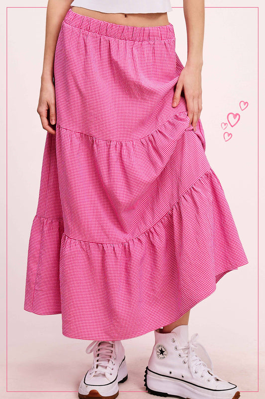 La Miel Gingham Tiered Maxi Skirt With Side Pockets