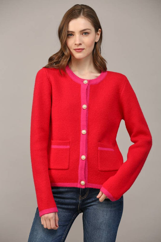 FRONT BUTTON CLOSURE COLORBLOCK SWEATER CARDIGAN FW15336