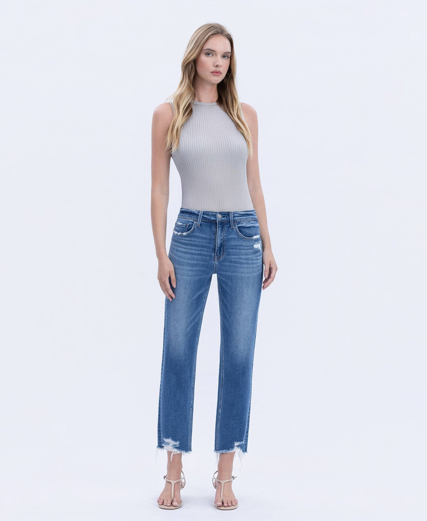 HIGH RISE FRAYED HEM CROP STRAIGHT JEANS LV1866