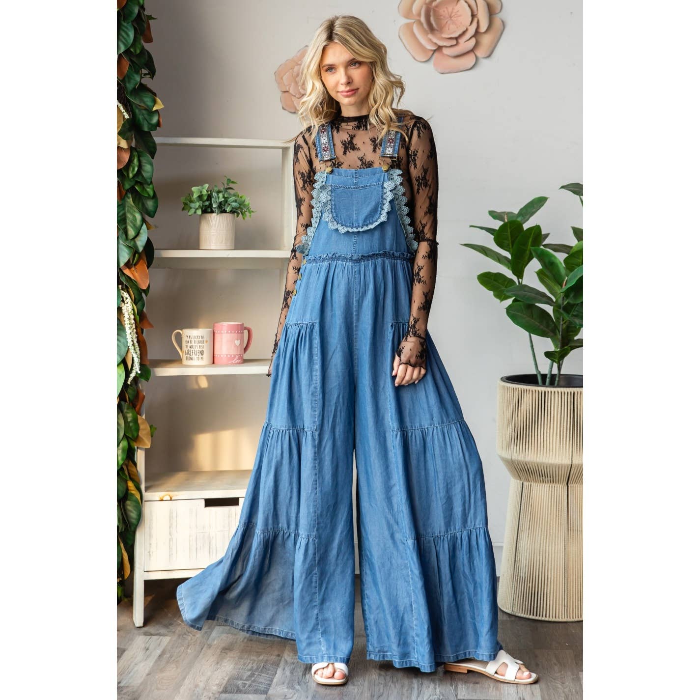 Embroidered Tencel Strap Flowy Jumpsuit