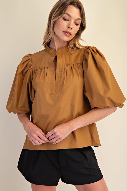 Glam Camel Collar V neck Bubble Sleeve Poplin Top