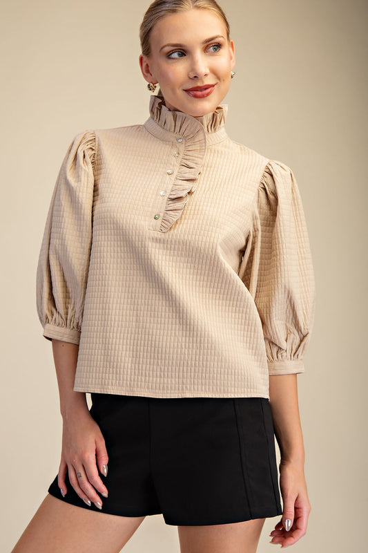 Glam Ruffle Puff Sleeve Top Khaki