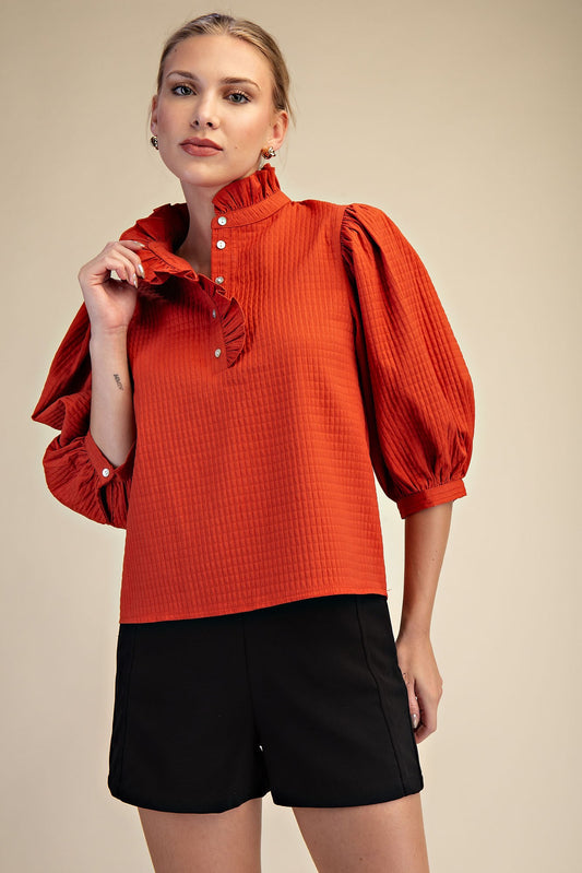 Glam Ruffle Neck Puff Sleeve Top Rust
