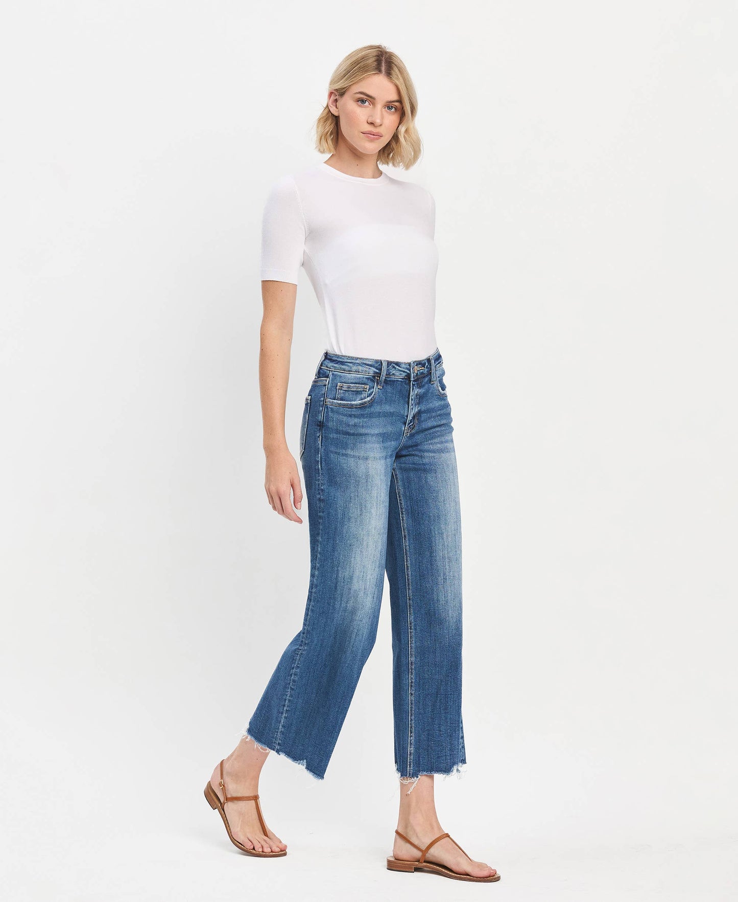 MID RISE MEDIUM DARK WASH RAW HEM WIDE JEANS LV1246
