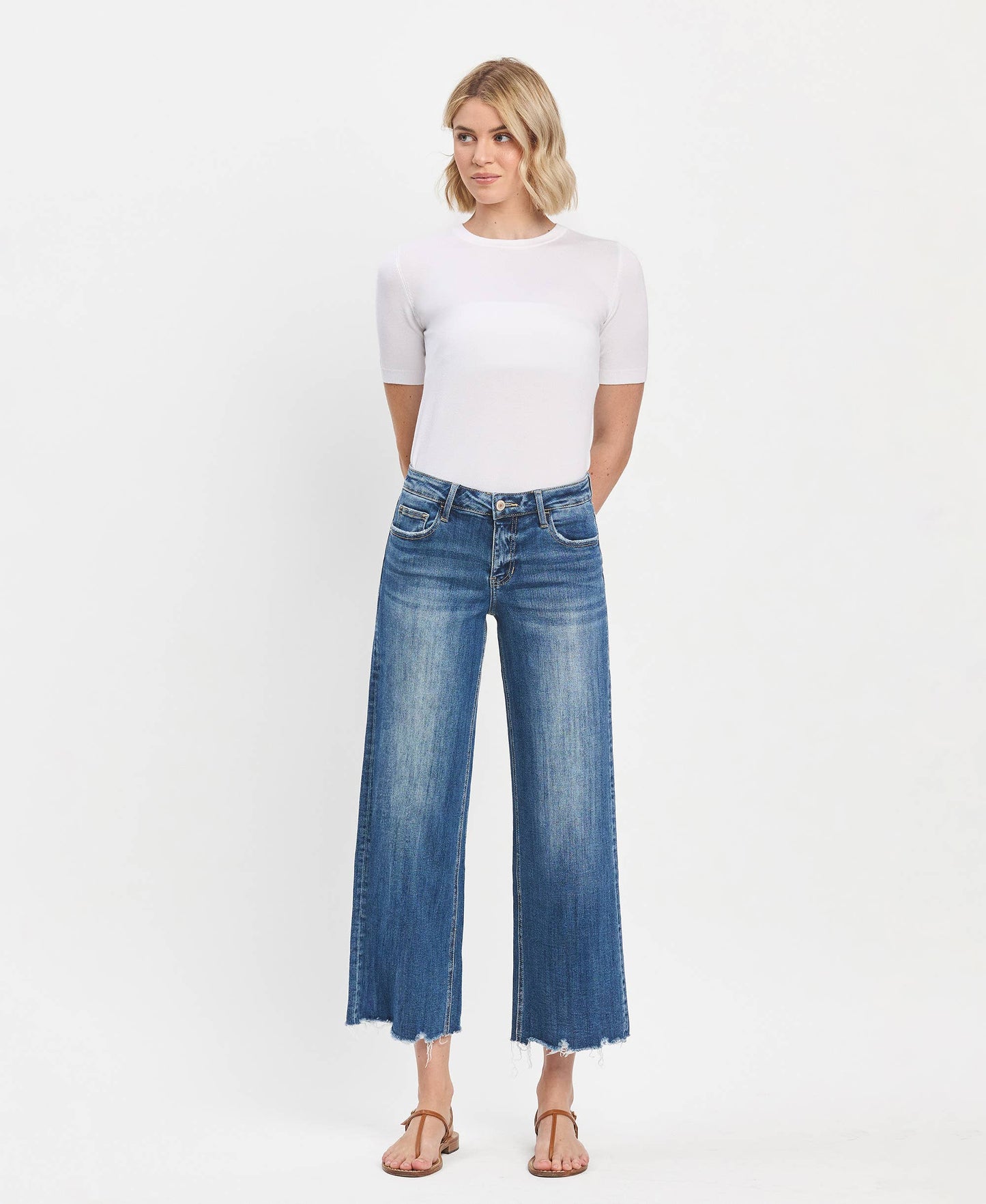 MID RISE MEDIUM DARK WASH RAW HEM WIDE JEANS LV1246