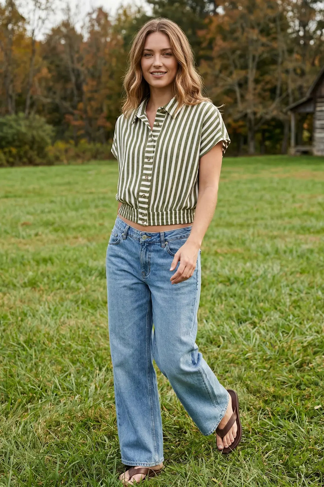 She + Sky Olive Striped Button Down Crop Top (ST1771)