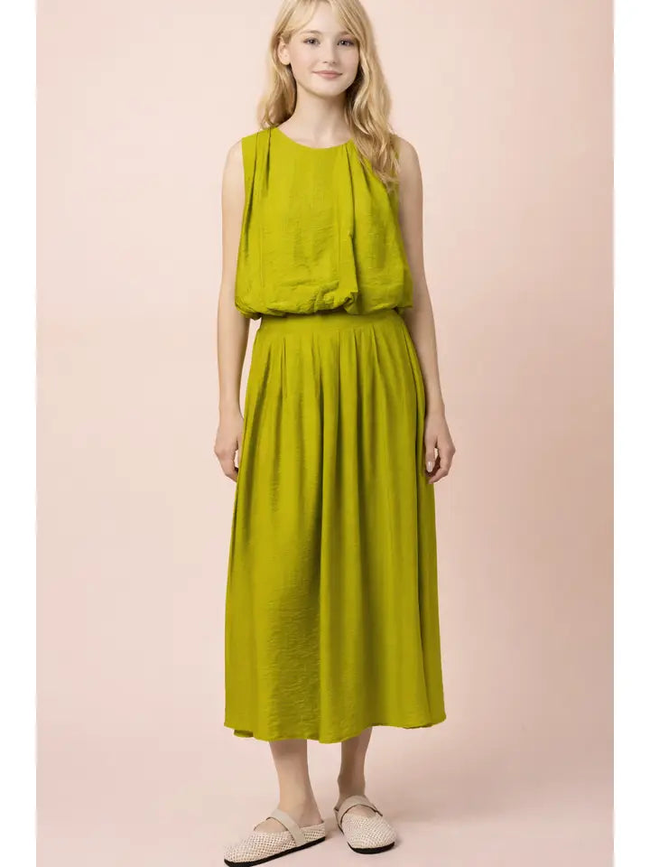 Very J Avacado Bubble Blouse Top & Midi Skirt Set