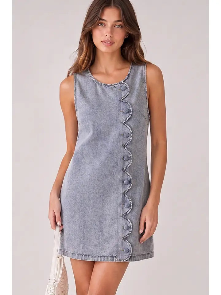 Very J Scallop Button Washed Denim Mini Dress