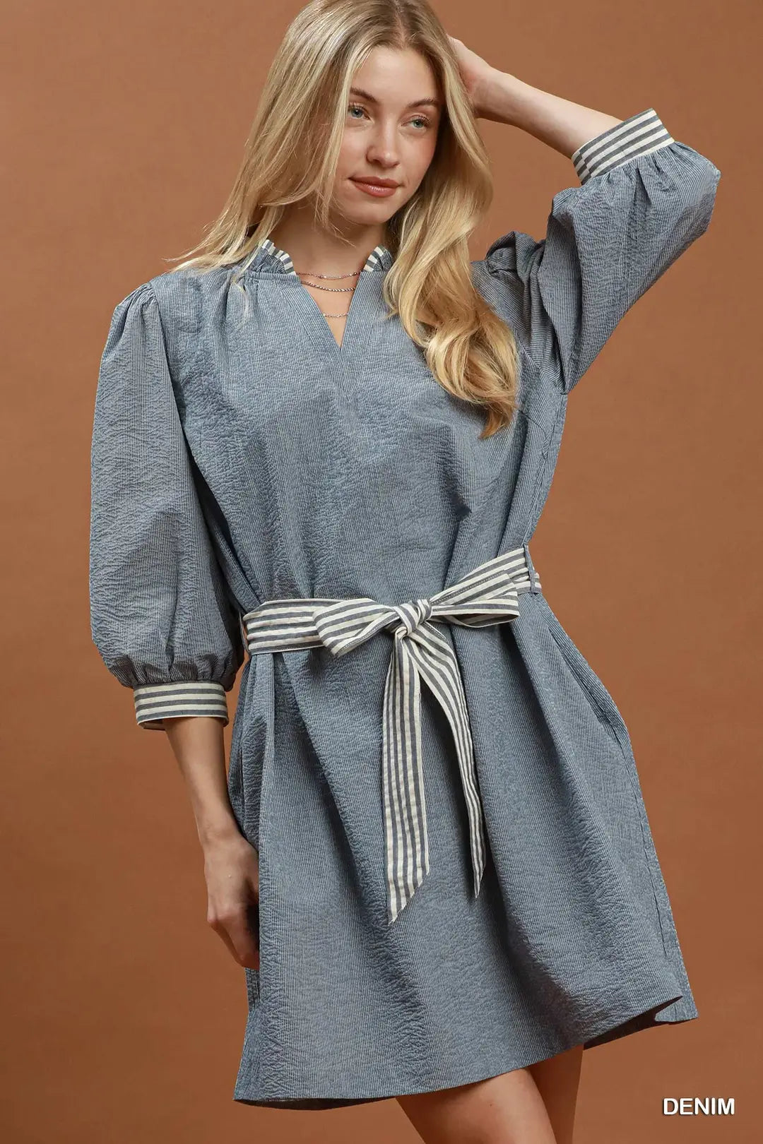 Umgee Denim Tie Waist Mini Dress (C6538)