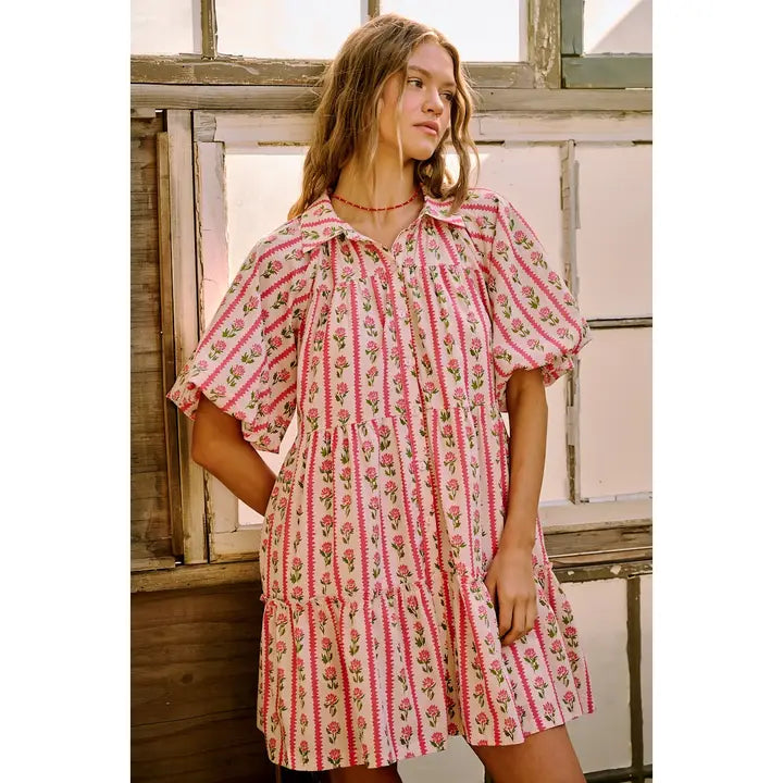 Mittoshop Pink Floral Stripe Print Tiered Mini Shirt Dress