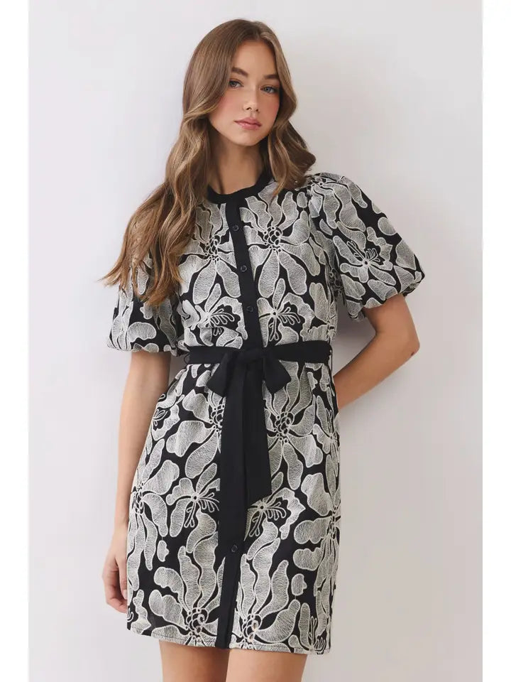 Pretty Follies Black Floral Eyelet Button Front Mini Dress