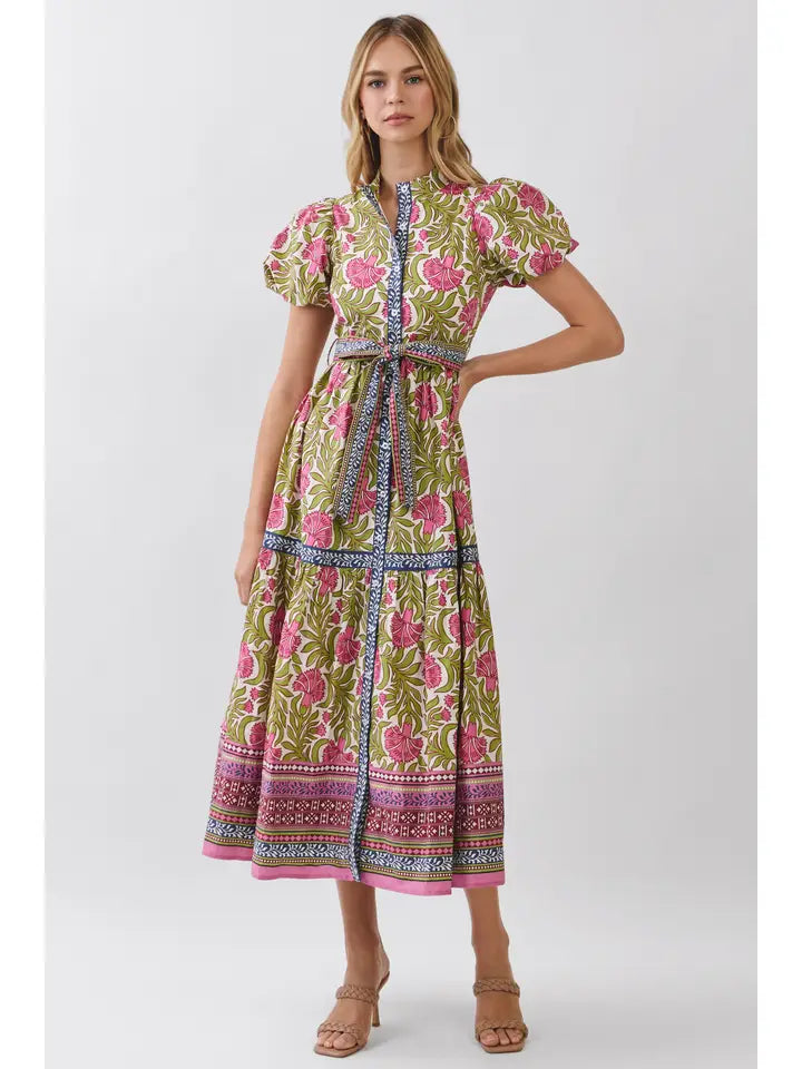 Pretty Follies Floral Border Print Tie Waist Maxi Dress