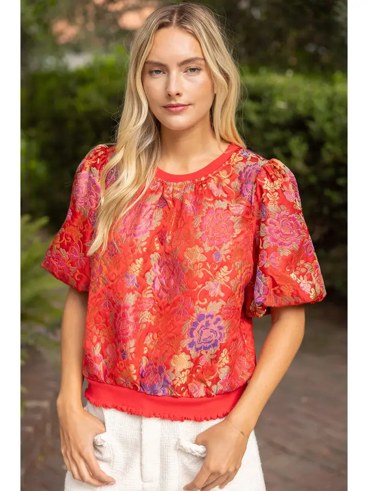 Voy Red Floral Jacquard Top