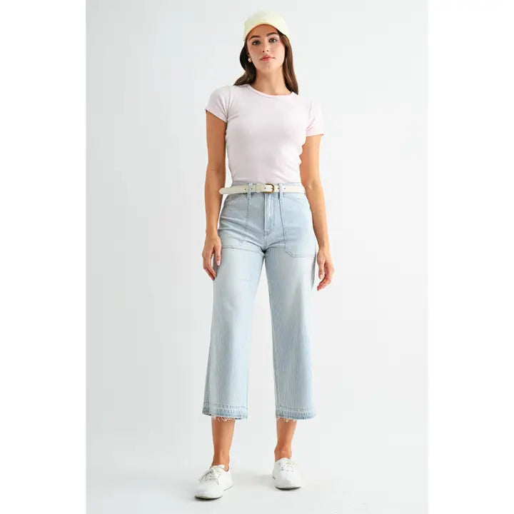Mica Denim Blue High Rise Wide Leg Cropped Stripe