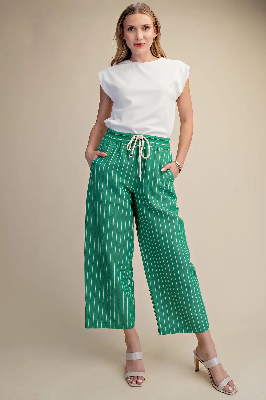Glam Kelly Green Drawstring Mid-Rise Stripe Wide Pants
