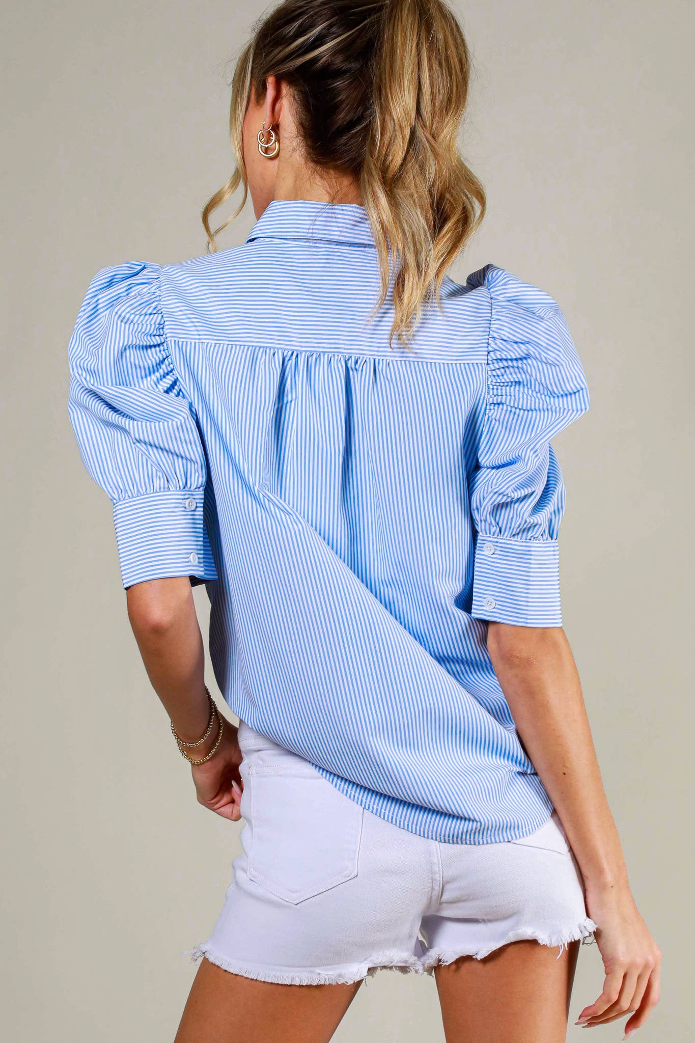 Vine & Love Collared Neck Short Puff Sleeve Striped Blouse PINK