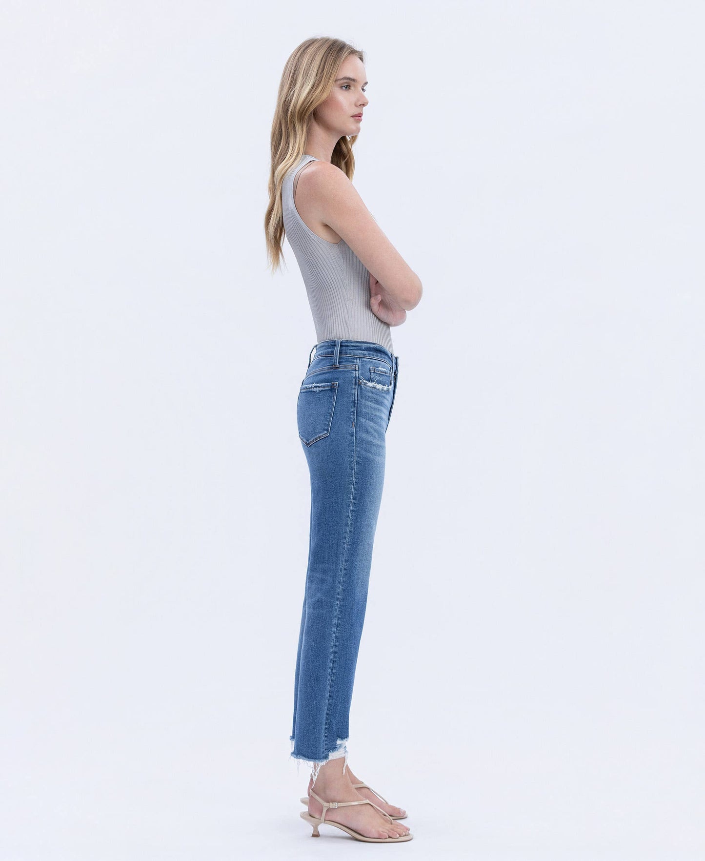 HIGH RISE FRAYED HEM CROP STRAIGHT JEANS LV1866