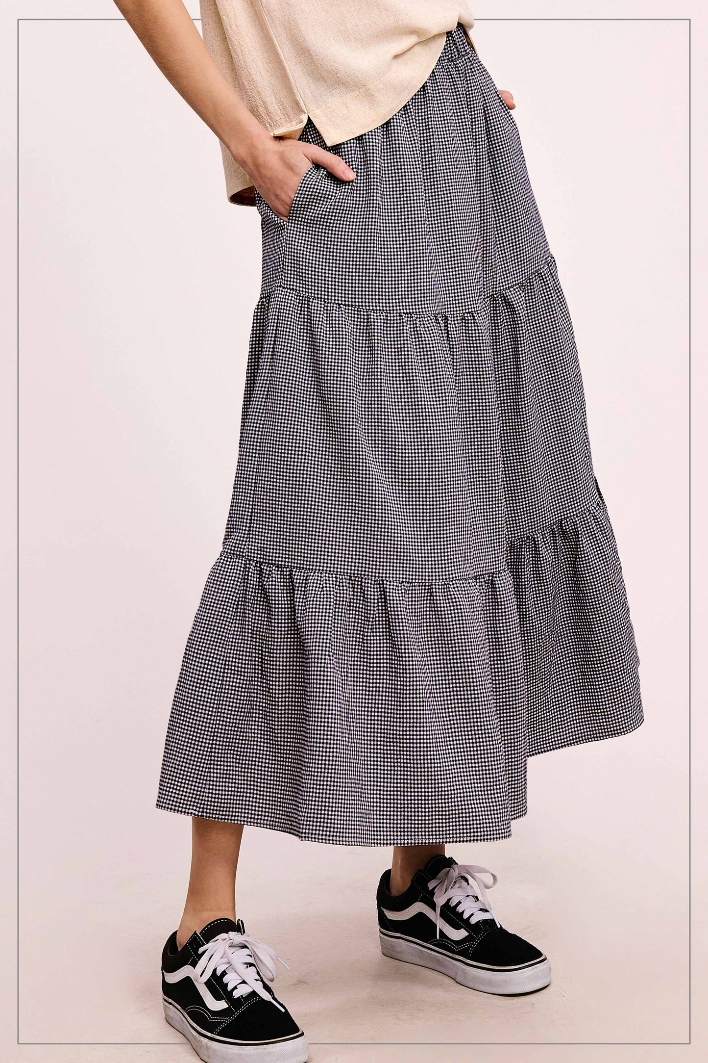 La Miel Gingham Tiered Maxi Skirt With Side Pockets