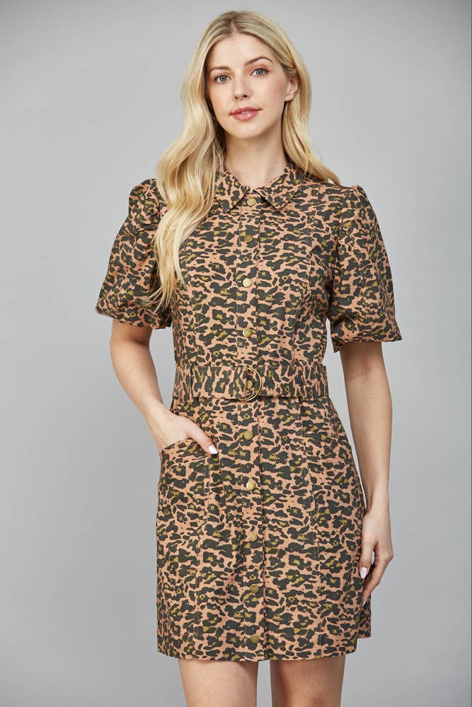 FATE ANIMAL PRINT SHORT PUFF SLV BELTED DRESS
