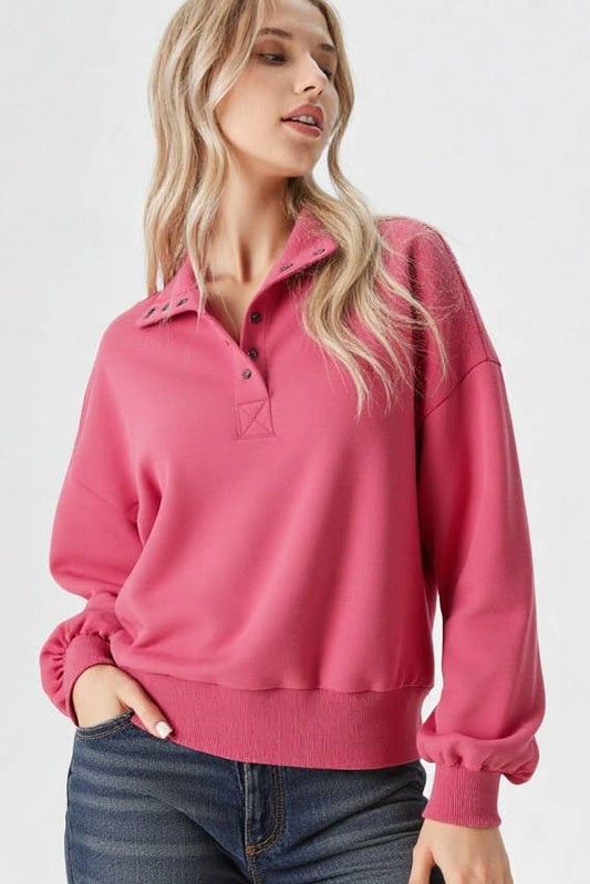 NT11951-Balloon Sleeve Half Button Down Henley Knit Top
