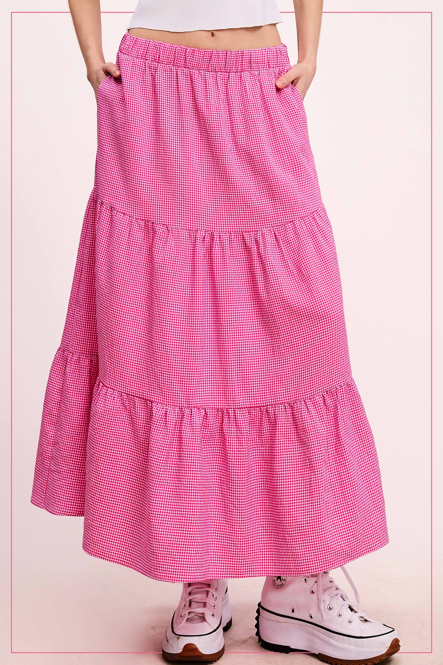 La Miel Gingham Tiered Maxi Skirt With Side Pockets