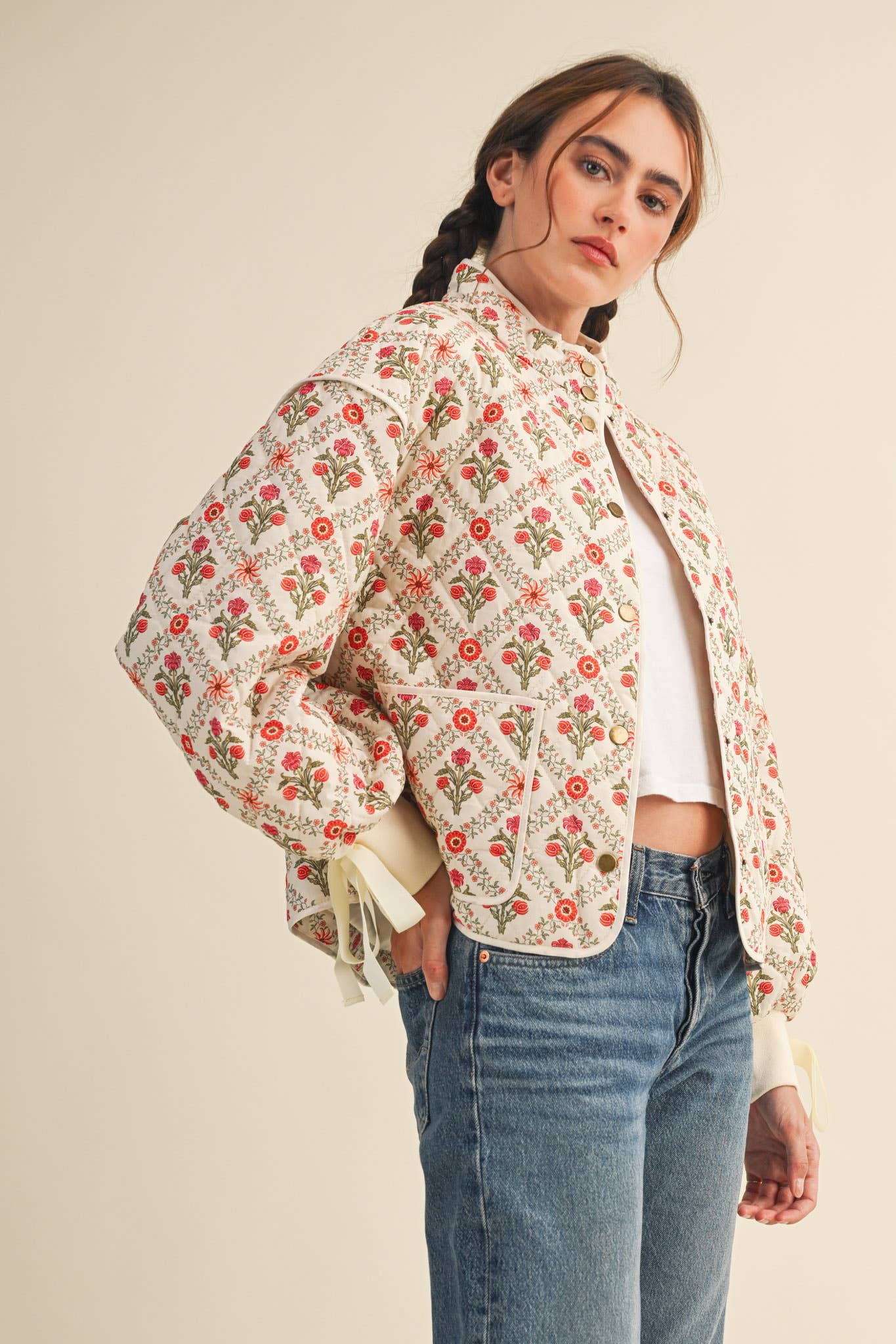 FLORAL QUILTED JACKET WITH RIBBON DETAIL MJK4431