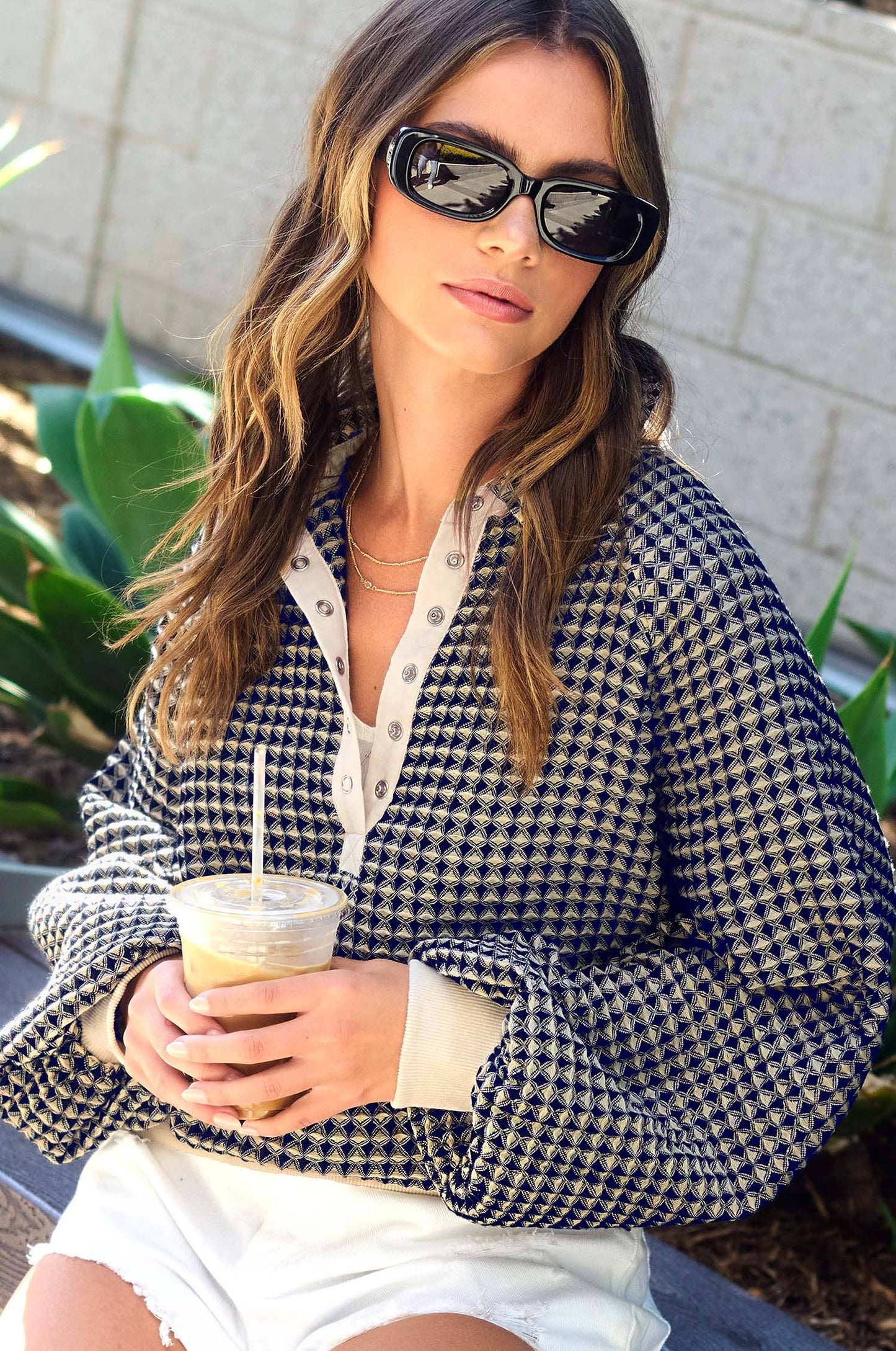 La Miel  Two Tone Textured Snap Button Front Top
