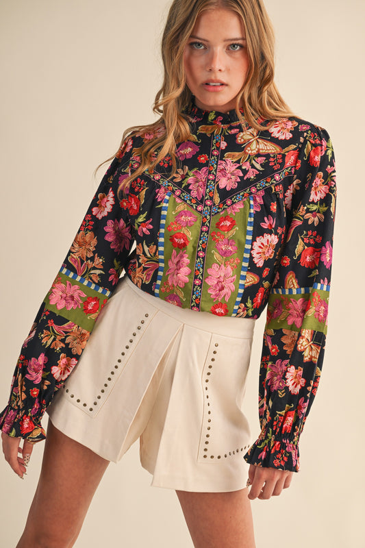 &Merci Floral Top with Floral Trim