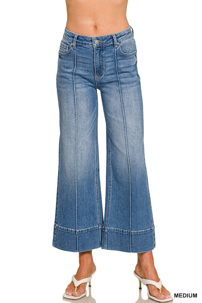 Zenana Cropped Wide Leg Pintuck Denim Pants (DYP-9625MM)