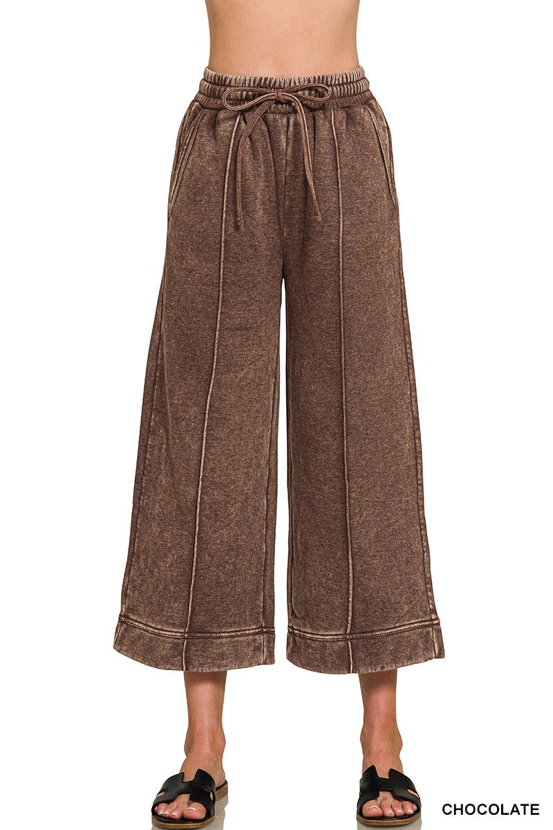 Zenana Brown Acid Washed Wide Leg Cropped Pants (OPW-4603Y)