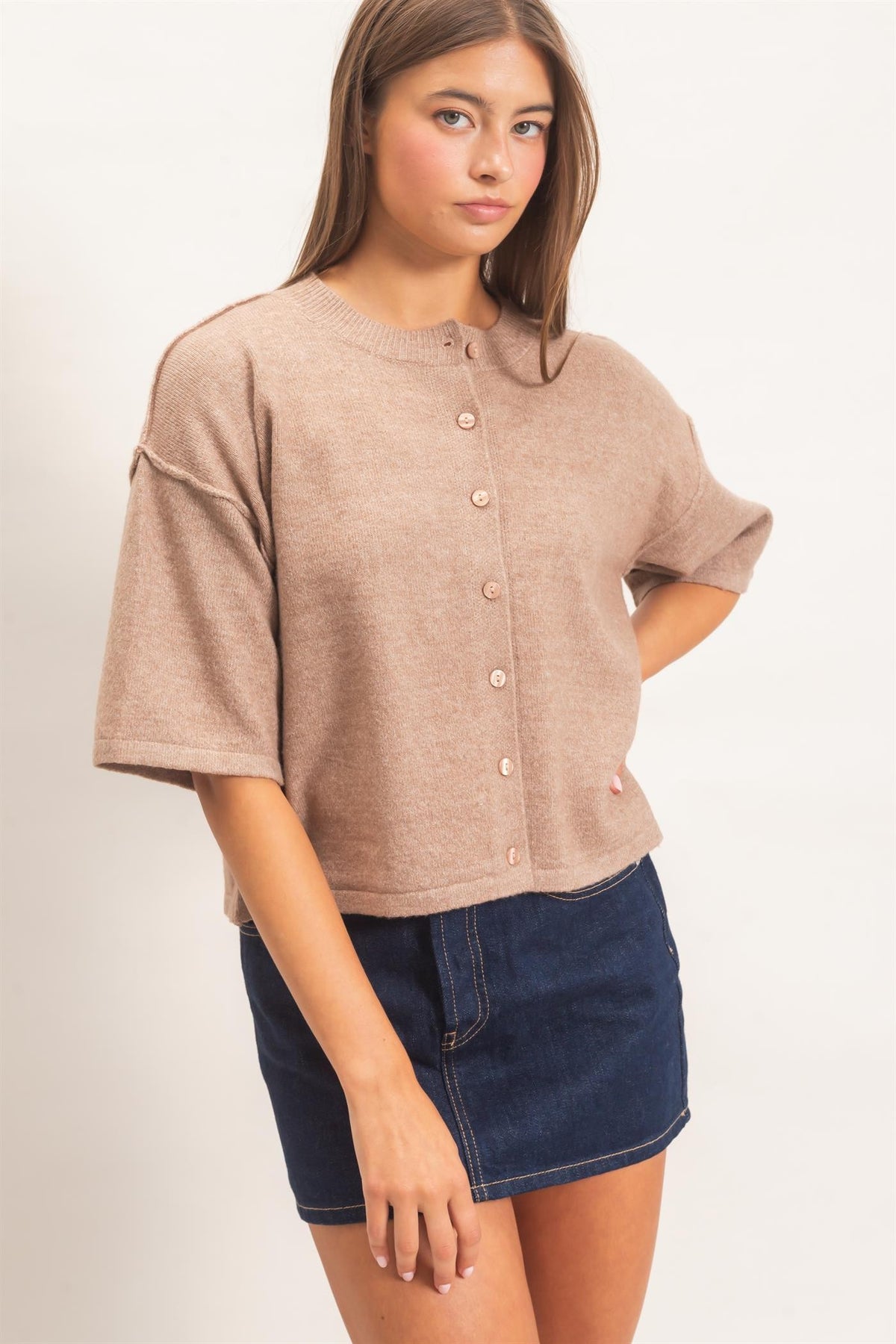 HYFVE Taupe Short Sleeve Button Up Sweater (DZ26E238)
