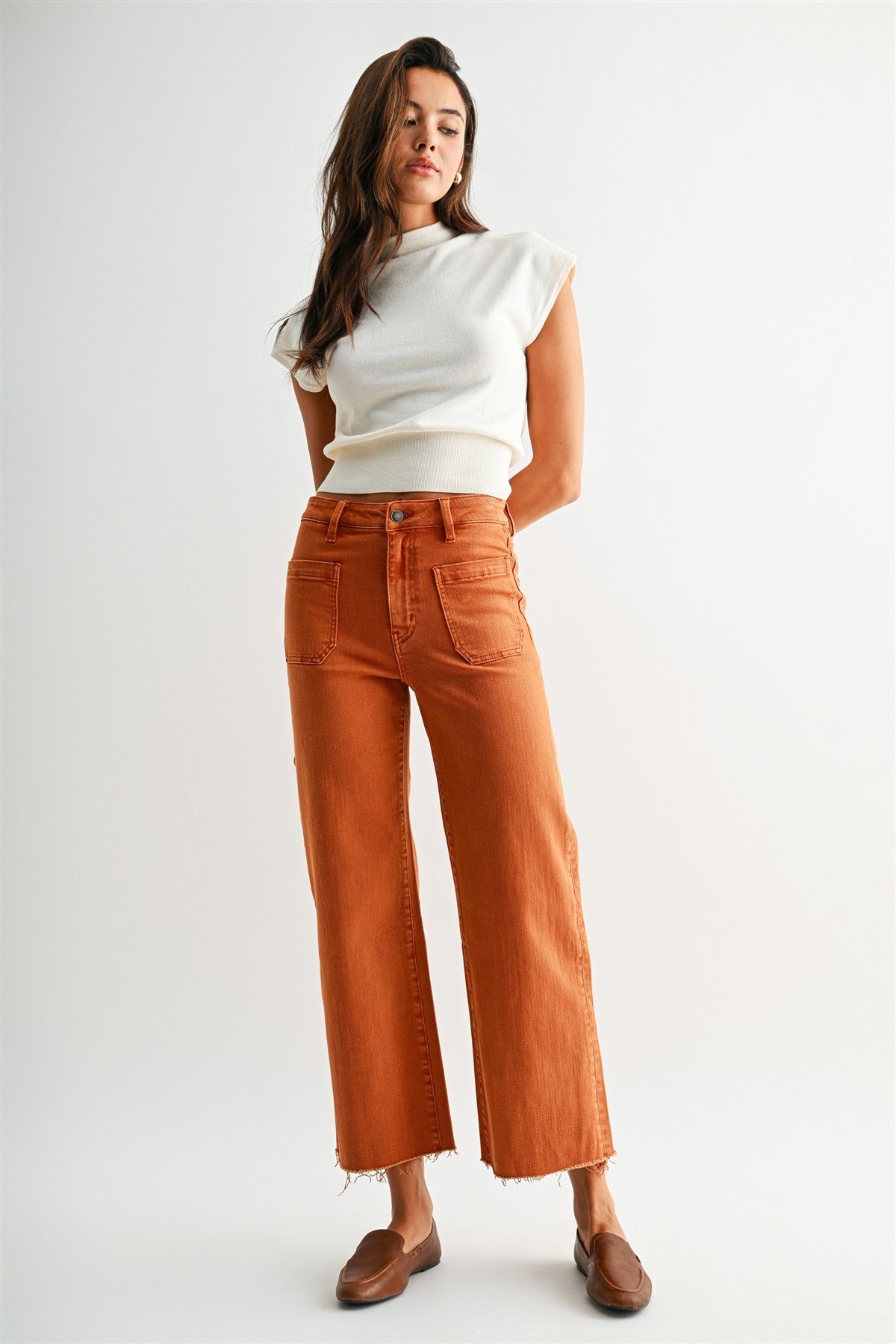 Mica Rust High Rise Wide Leg Crop Raw Hem Jeans (MDP-W3801RC)