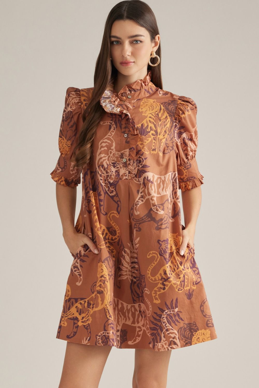 Entro Brown Tiger Puff Sleeve Mini Dress (D33702)