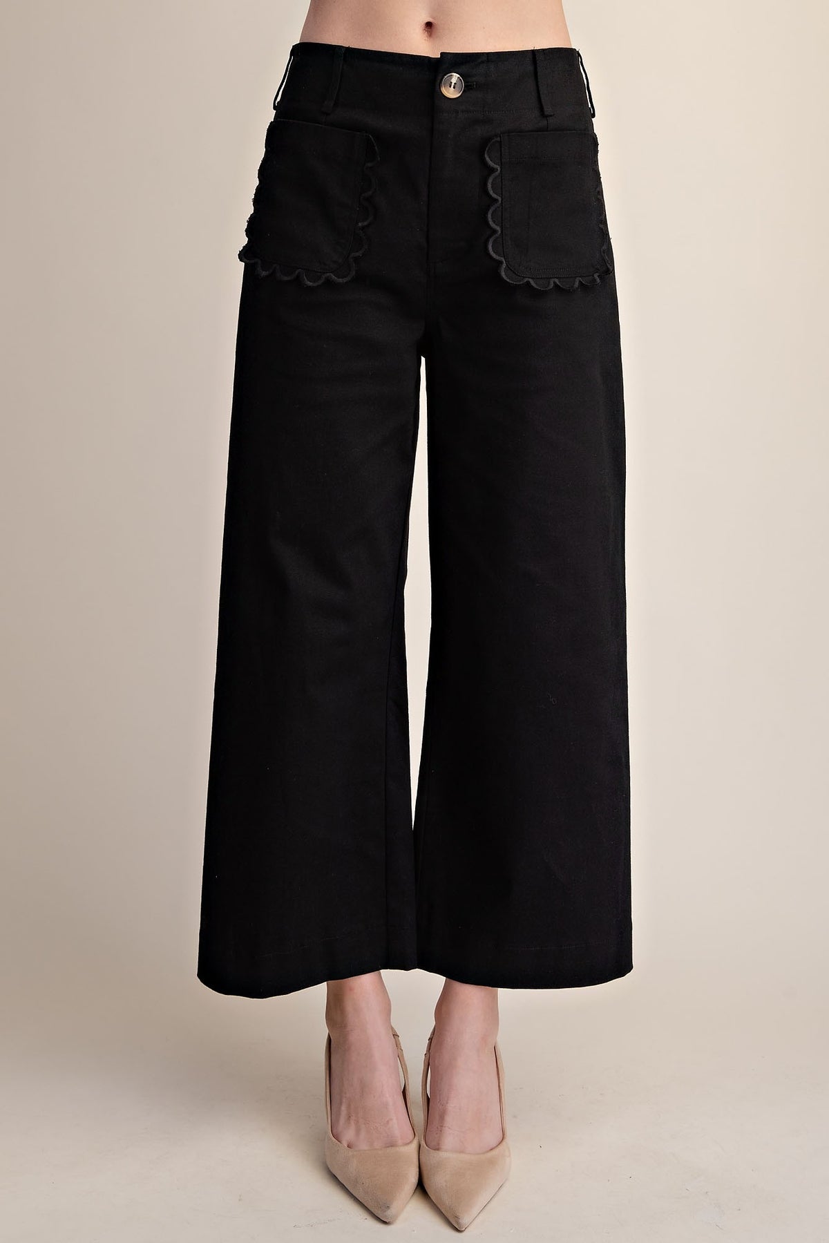 Glam Black Colette Cropped Wide-Leg Scallop Pants (P9259)
