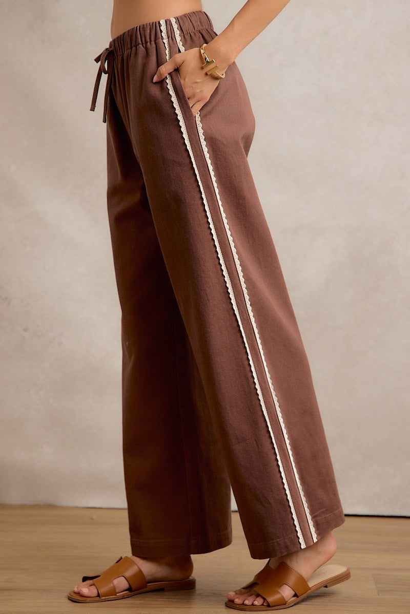 So Me Brown Side Lace Trim Denim Wide Leg Pants (SB8622F-03)