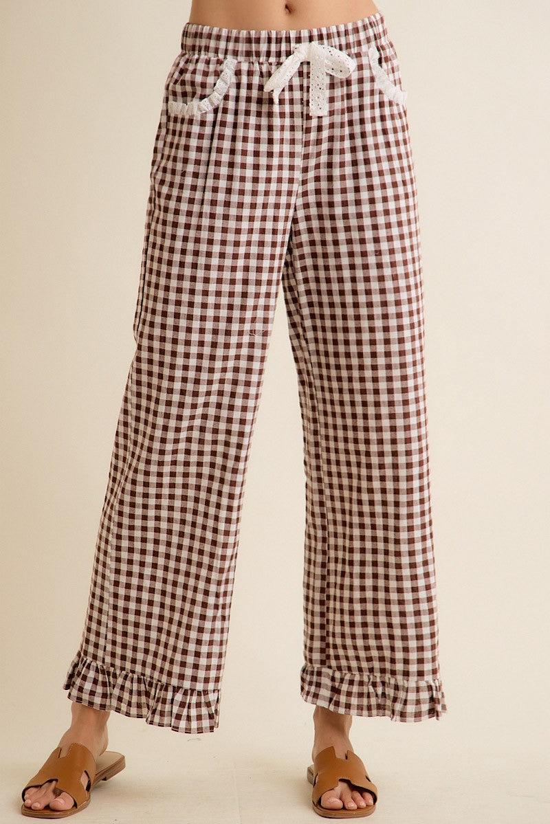 So Me Brown Gingham Lace Ruffled Pull On Pants (SB8774F-01)