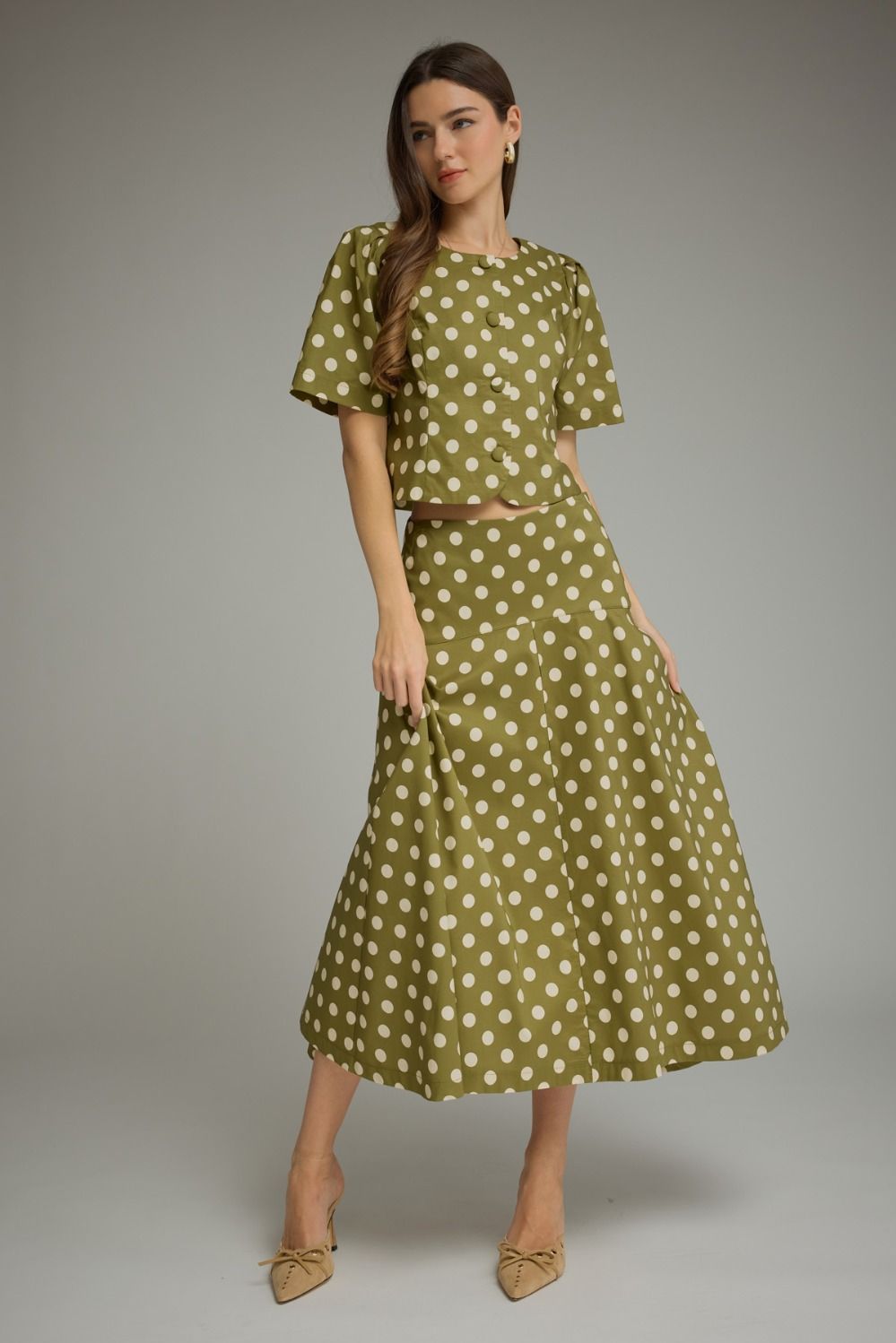 Entro Olive Polka Dot Shirt and Skirt Set (T33689) (S33690)