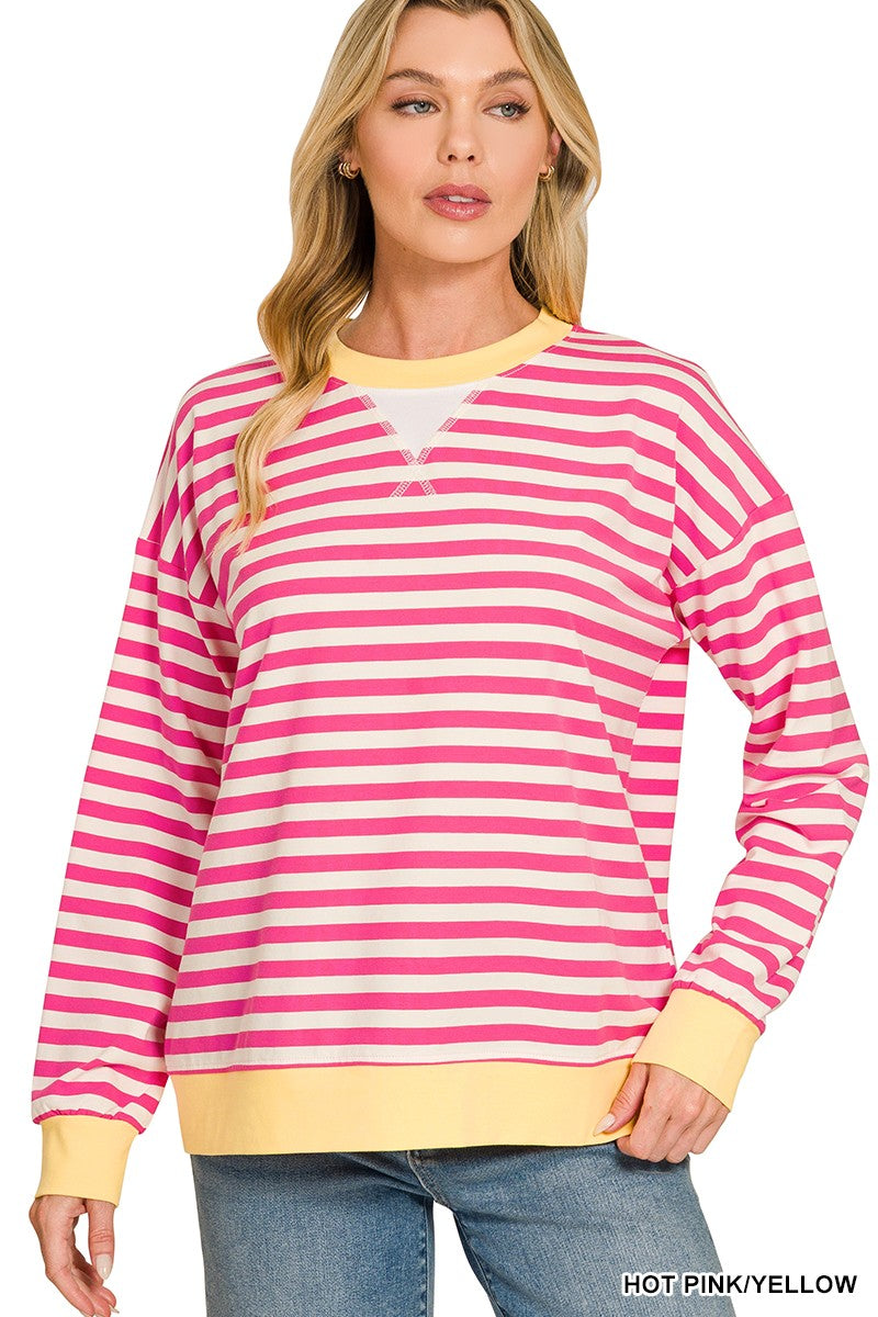 Zenana Hot Pink/Yellow Striped Long Sleeve Pullover Top (CT-3597Y)
