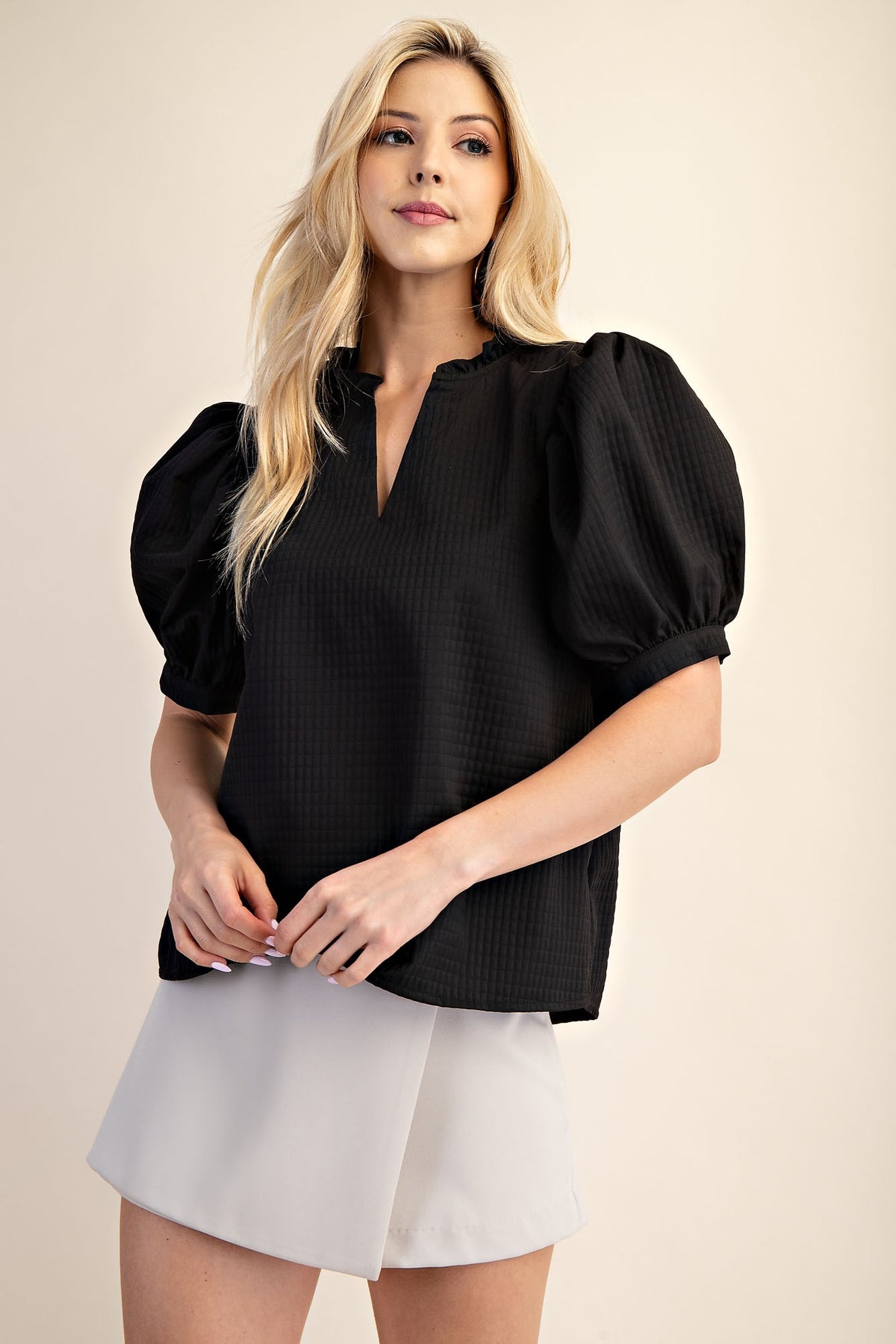 Glam Black V Neck Puff Sleeve Top (T8240)