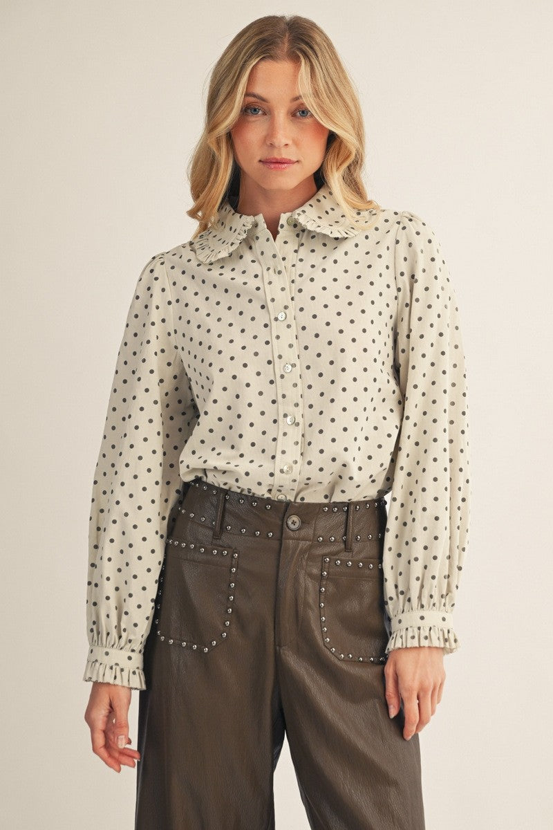 Jodifl Ivory Ruffle Button Down Polka Dot Shirt (B15200)
