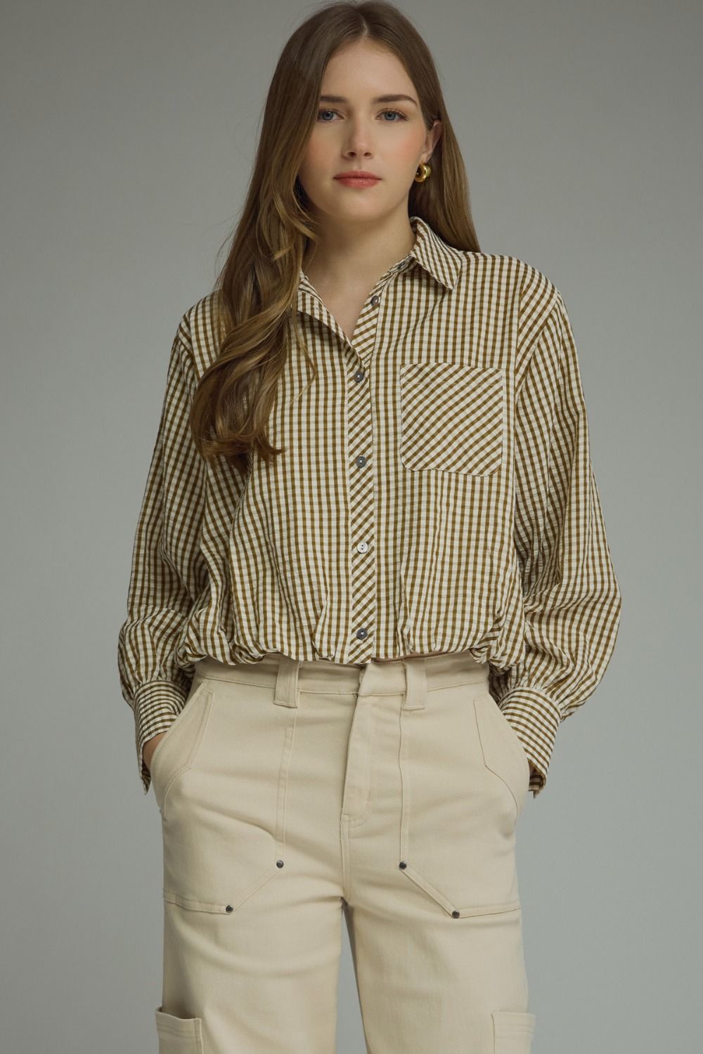 Entro Dijon Gingham Long Sleeve Top (T31951)
