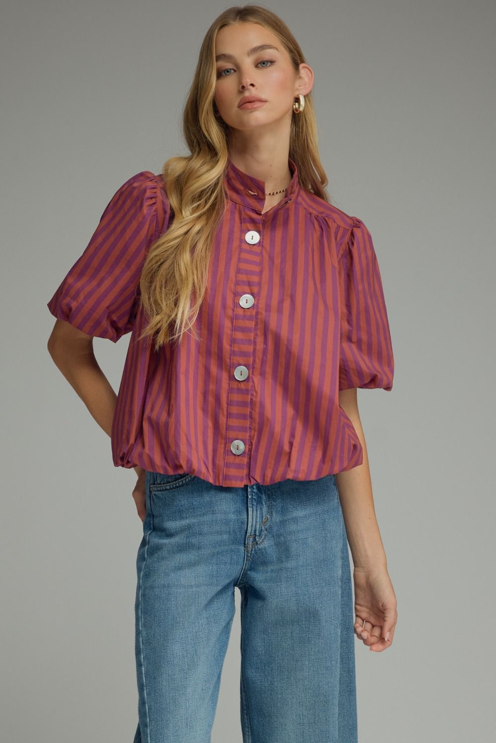 Entro Plum Striped Button Up Top