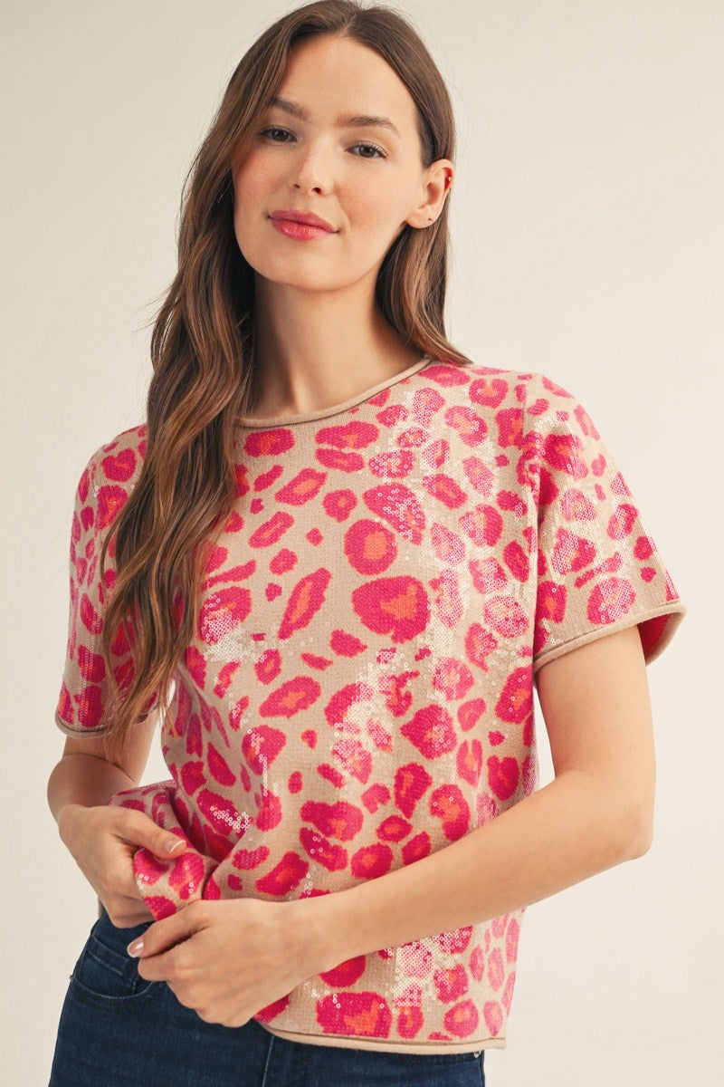 Jodifl Fuchsia Sequins Covered Leopard Sweater (G15835)