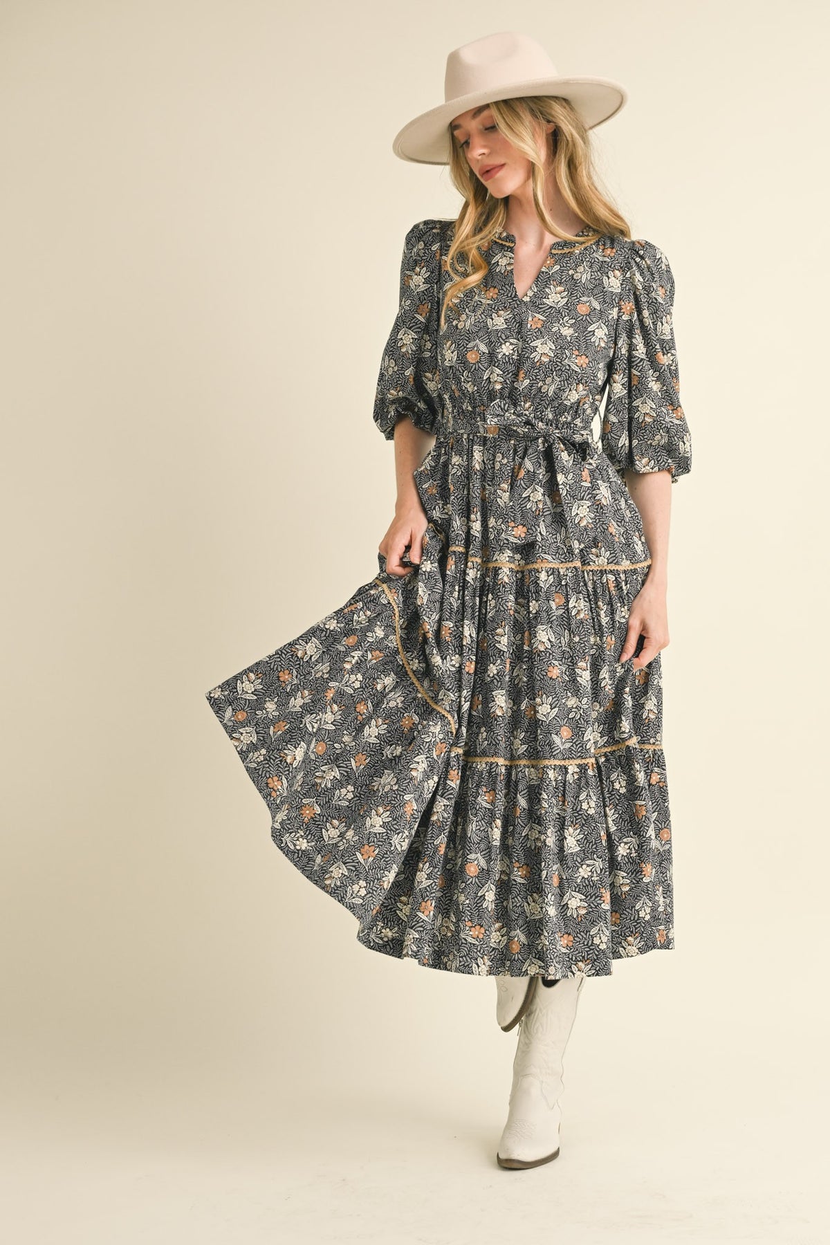 &Merci Blue Bubble Sleeve Lace Trim Midi Dress (MDR3430-SW)