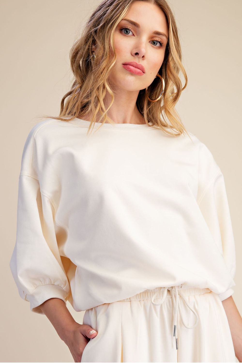 Glam Ivory Bubble Sleeve Sweatshirt (T8416)